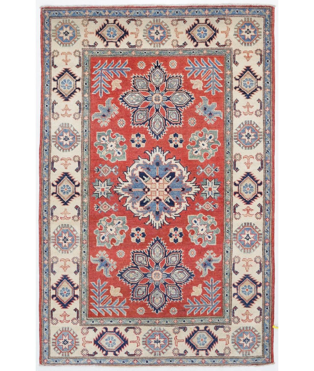 Hand Knotted Kazak Wool Rug  - 3&#39; 9&quot; X 5&#39; 10&quot; 3&#39; 9&quot; X 5&#39; 10&quot; (114 X 178) / Red / Ivory