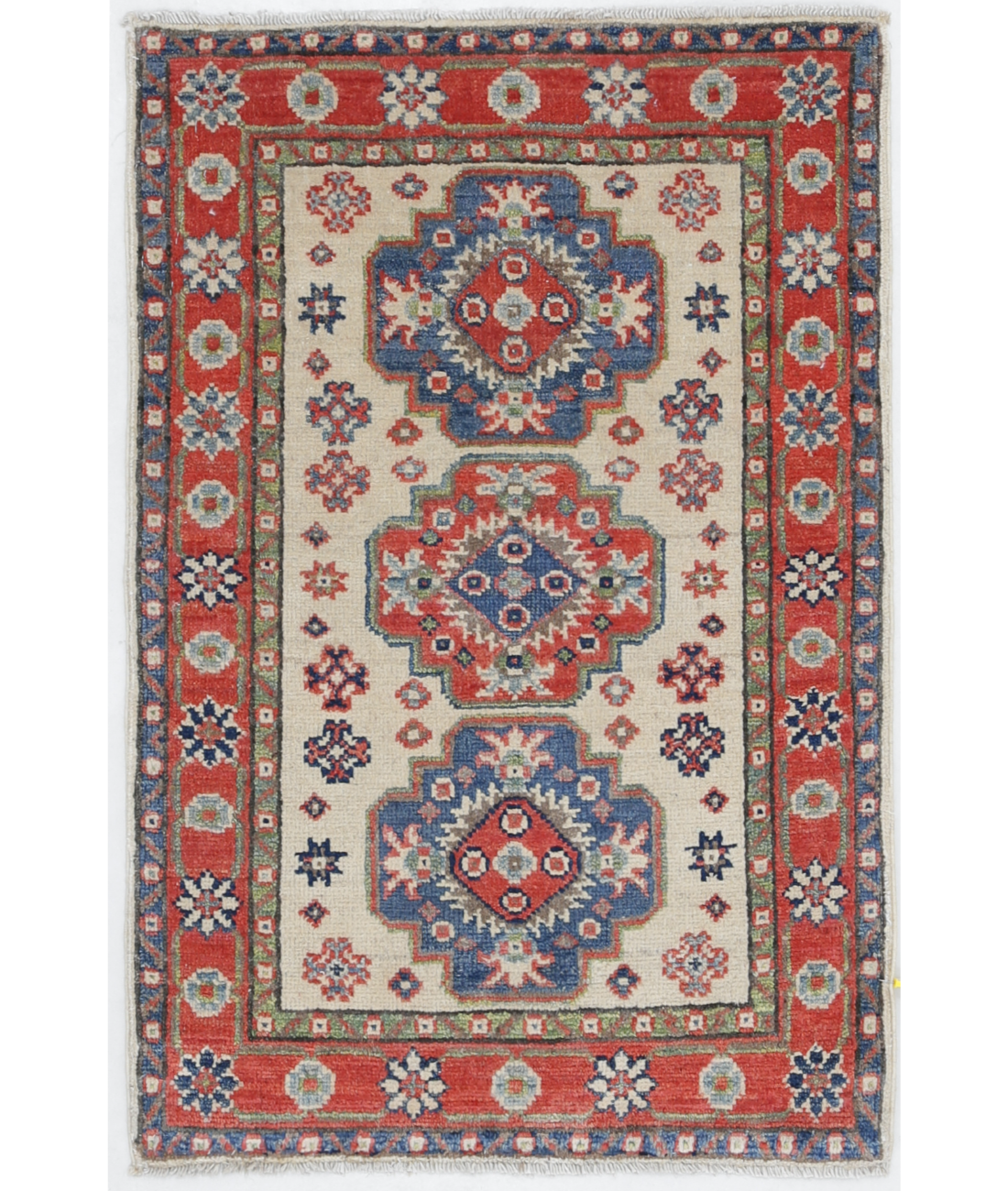 Hand Knotted Kazak Wool Rug  - 1' 11" X 2' 11" 1' 11" X 2' 11" (58 X 89) / Ivory / Red