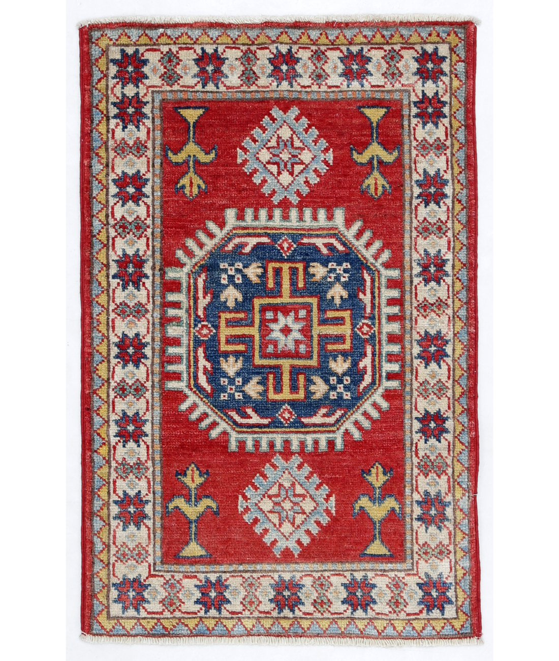 Hand Knotted Kazak Wool Rug  - 1&#39; 10&quot; X 2&#39; 11&quot; 1&#39; 10&quot; X 2&#39; 11&quot; (56 X 89) / Red / Ivory