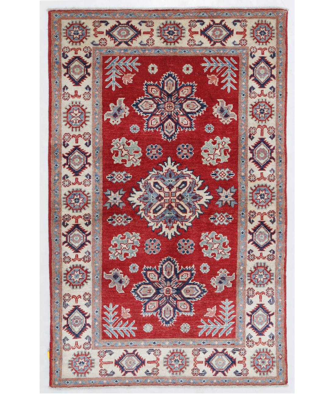 Hand Knotted Kazak Wool Rug  - 3&#39; 0&quot; X 4&#39; 10&quot; 3&#39; 0&quot; X 4&#39; 10&quot; (91 X 147) / Red / Ivory