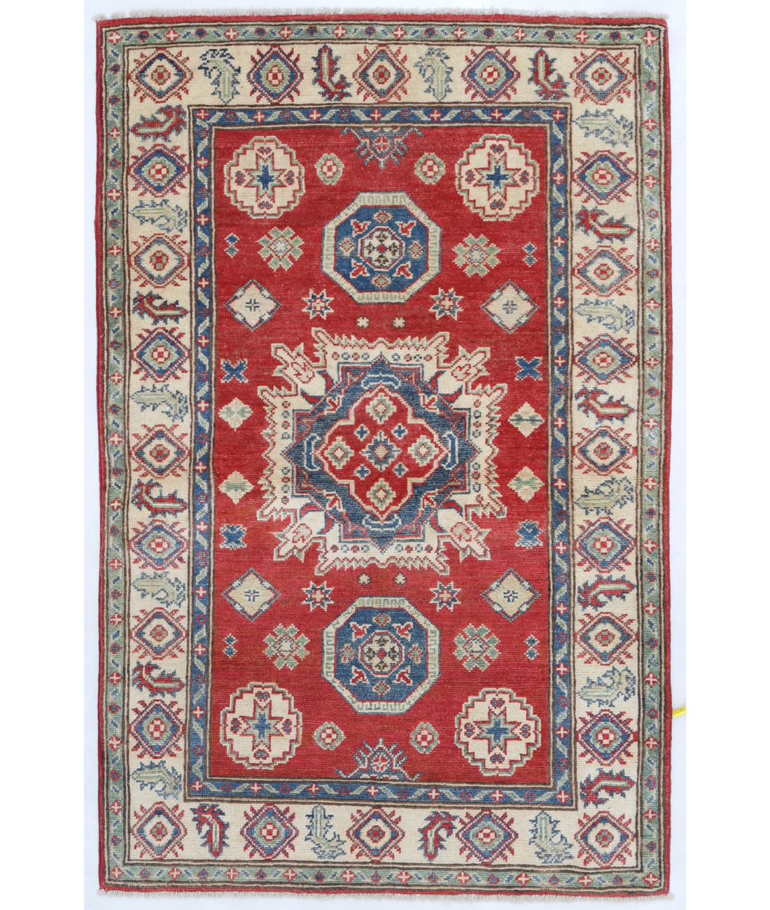 Hand Knotted Kazak Wool Rug  - 3&#39; 2&quot; X 4&#39; 10&quot; 3&#39; 2&quot; X 4&#39; 10&quot; (97 X 147) / Red / Ivory