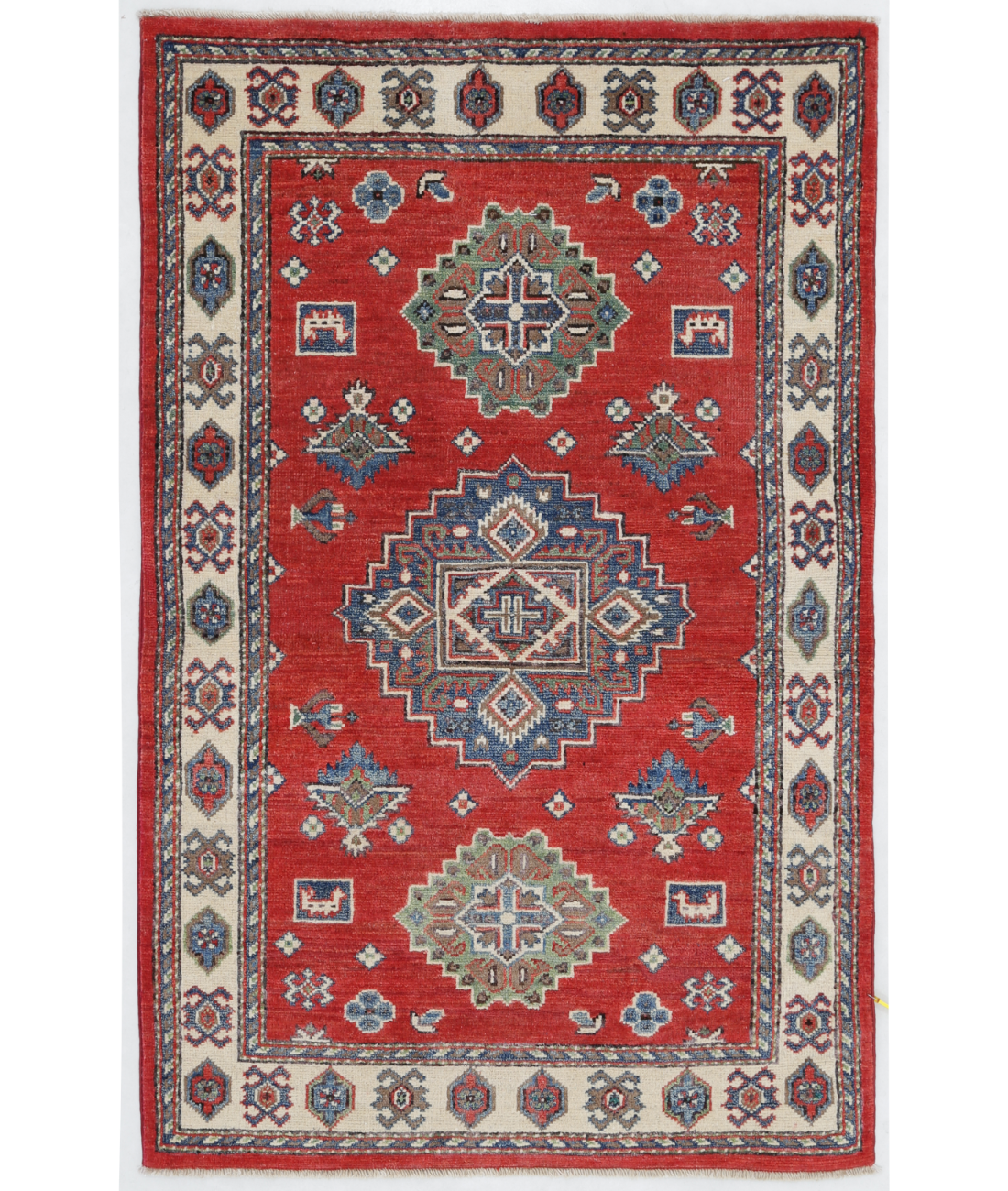 Hand Knotted Kazak Wool Rug  - 3&#39; 1&quot; X 4&#39; 9&quot; 3&#39; 1&quot; X 4&#39; 9&quot; (94 X 145) / Red / Ivory