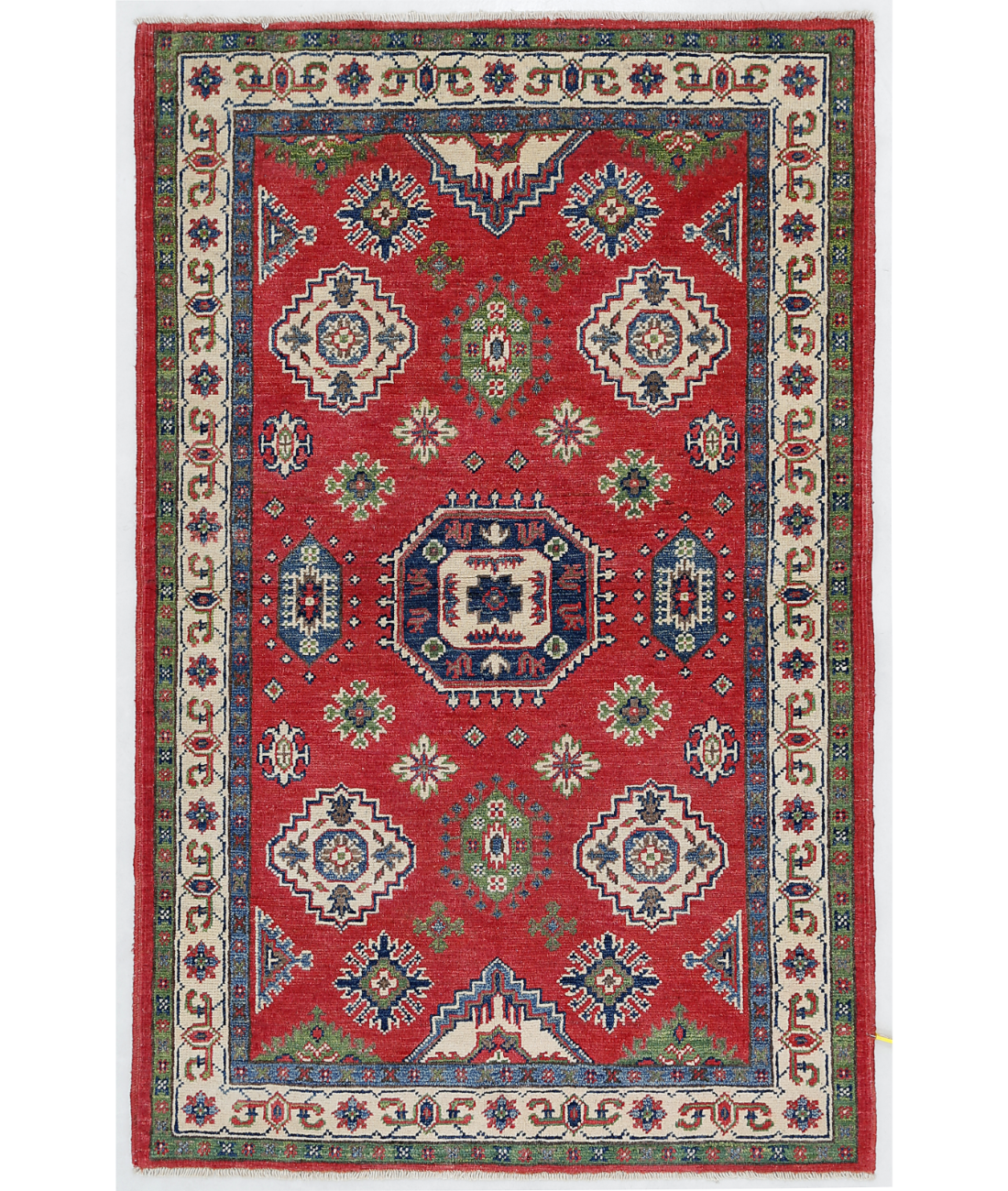 Hand Knotted Kazak Wool Rug  - 3&#39; 0&quot; X 4&#39; 10&quot; 3&#39; 0&quot; X 4&#39; 10&quot; (91 X 147) / Red / Ivory