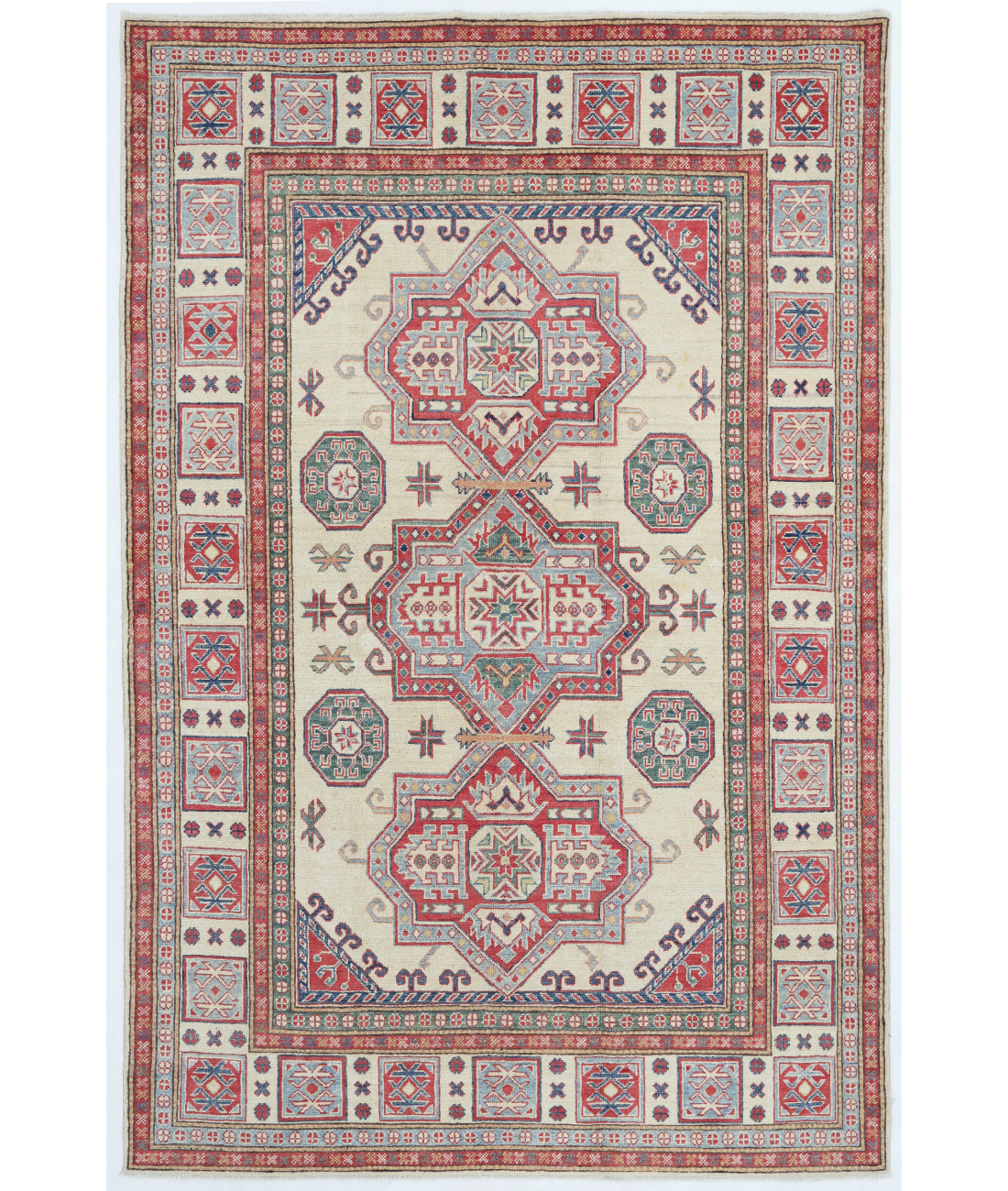 Hand Knotted Kazak Wool Rug  - 5&#39; 5&quot; X 8&#39; 2&quot; 5&#39; 5&quot; X 8&#39; 2&quot; (165 X 249) / Ivory / Ivory