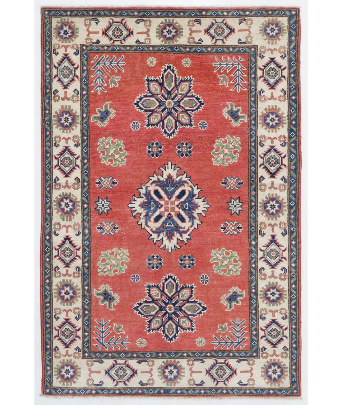 Hand Knotted Kazak Wool Rug  - 3' 4" X 4' 11" 3' 4" X 4' 11" (102 X 150) / Red / Ivory