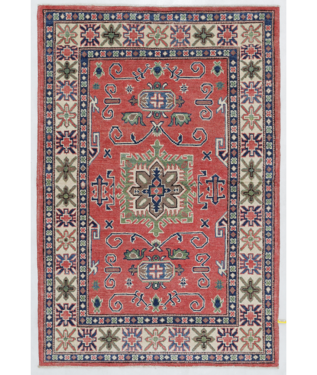 Hand Knotted Kazak Wool Rug  - 3' 3" X 4' 11" 3' 3" X 4' 11" (99 X 150) / Red / Ivory