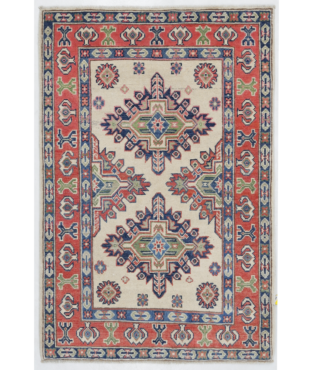 Hand Knotted Kazak Wool Rug  - 2' 8" X 3' 11" 2' 8" X 3' 11" (81 X 119) / Ivory / Red