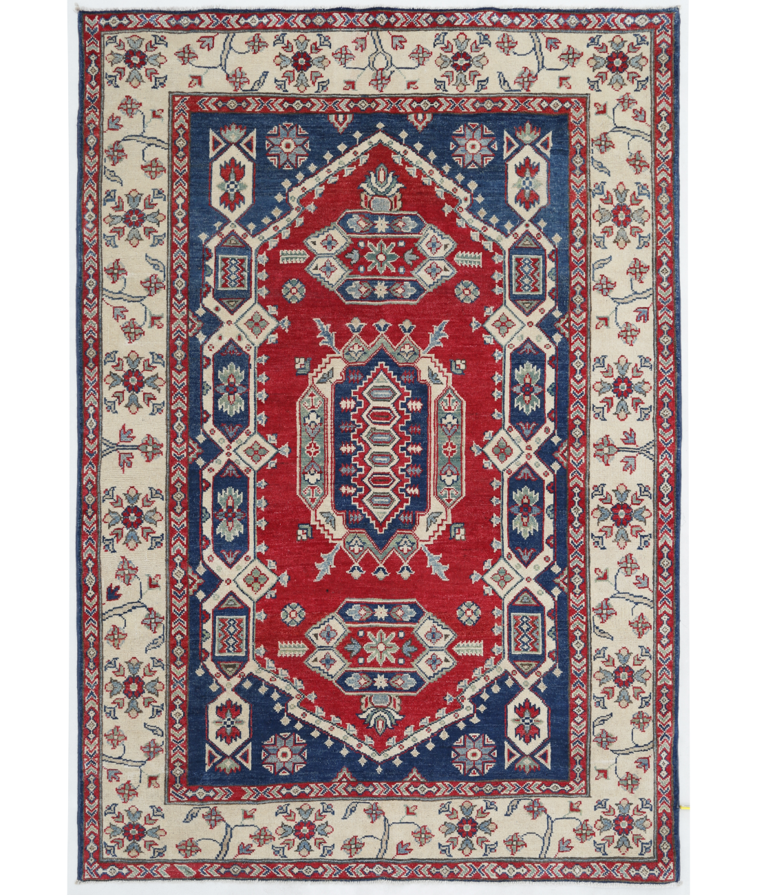 Hand Knotted Kazak Wool Rug  - 4&#39; 10&quot; X 7&#39; 0&quot; 4&#39; 10&quot; X 7&#39; 0&quot; (147 X 213) / Blue / Ivory