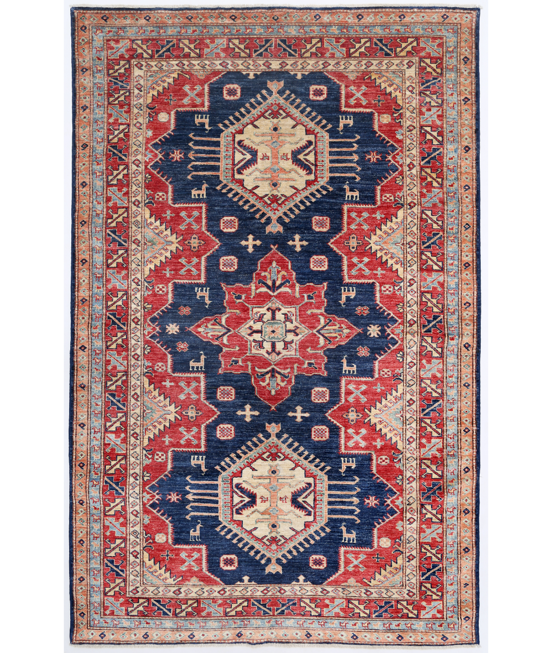 Hand Knotted Kazak Wool Rug  - 4&#39; 9&quot; X 7&#39; 5&quot; 4&#39; 9&quot; X 7&#39; 5&quot; (145 X 226) / Blue / Red