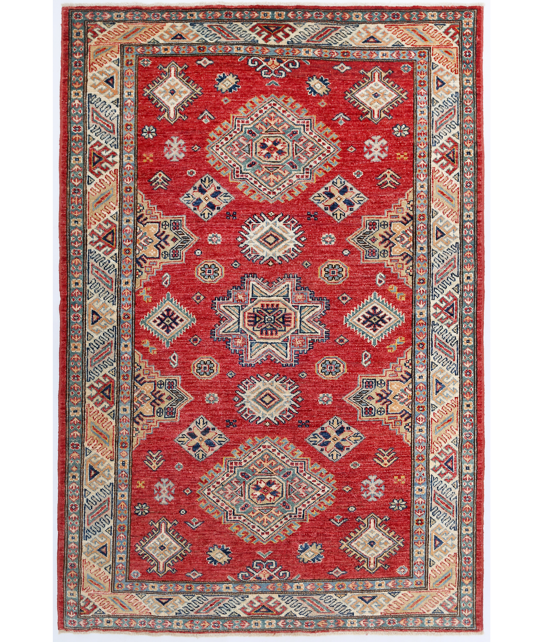 Hand Knotted Kazak Wool Rug  - 4&#39; 2&quot; X 6&#39; 2&quot; 4&#39; 2&quot; X 6&#39; 2&quot; (127 X 188) / Red / Ivory