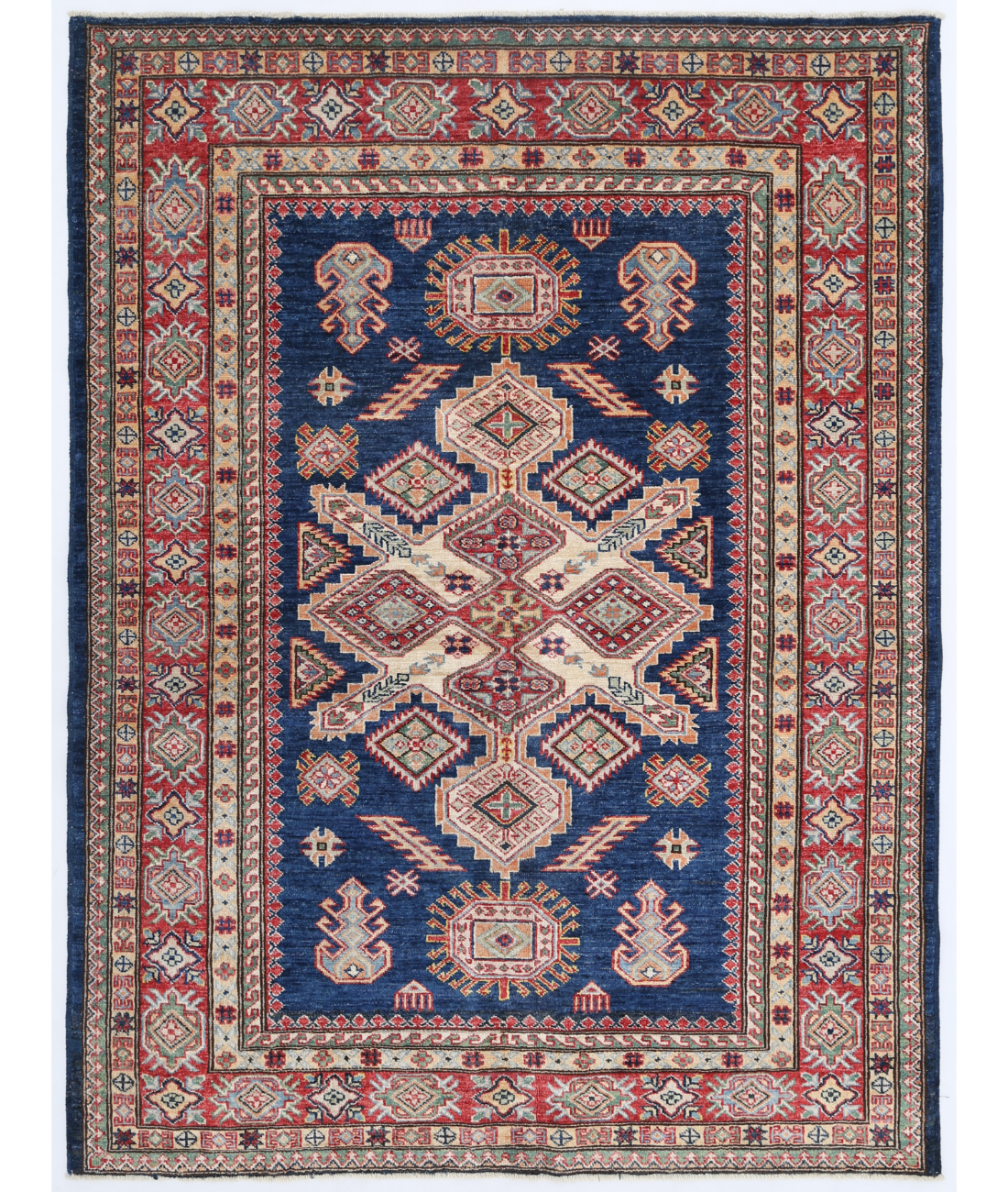 Hand Knotted Kazak Wool Rug  - 4' 11" X 6' 8" 4' 11" X 6' 8" (150 X 203) / Blue / Red