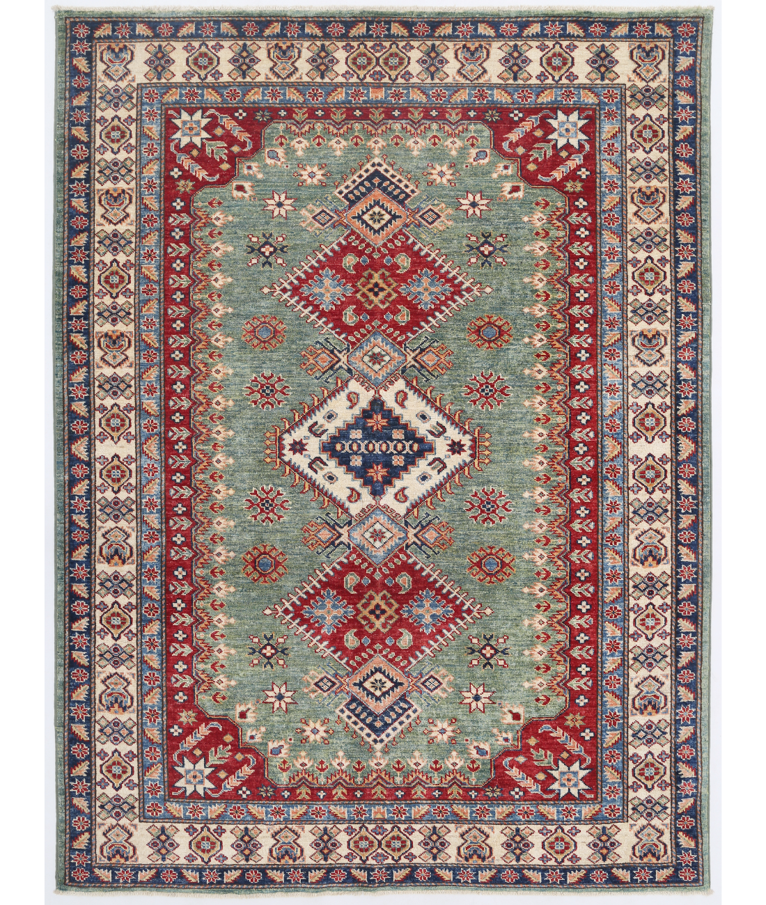 Hand Knotted Kazak Wool Rug  - 4&#39; 11&quot; X 6&#39; 7&quot; 4&#39; 11&quot; X 6&#39; 7&quot; (150 X 201) / Green / Ivory