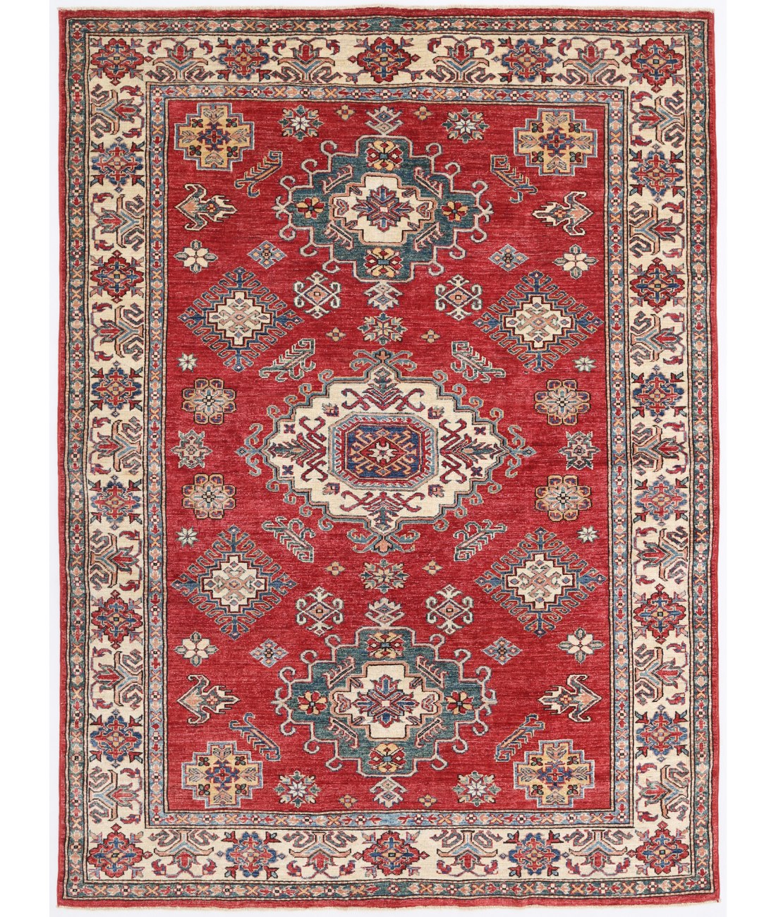 Hand Knotted Kazak Wool Rug  - 5&#39; 8&quot; X 7&#39; 7&quot; 5&#39; 8&quot; X 7&#39; 7&quot; (173 X 231) / Red / Ivory