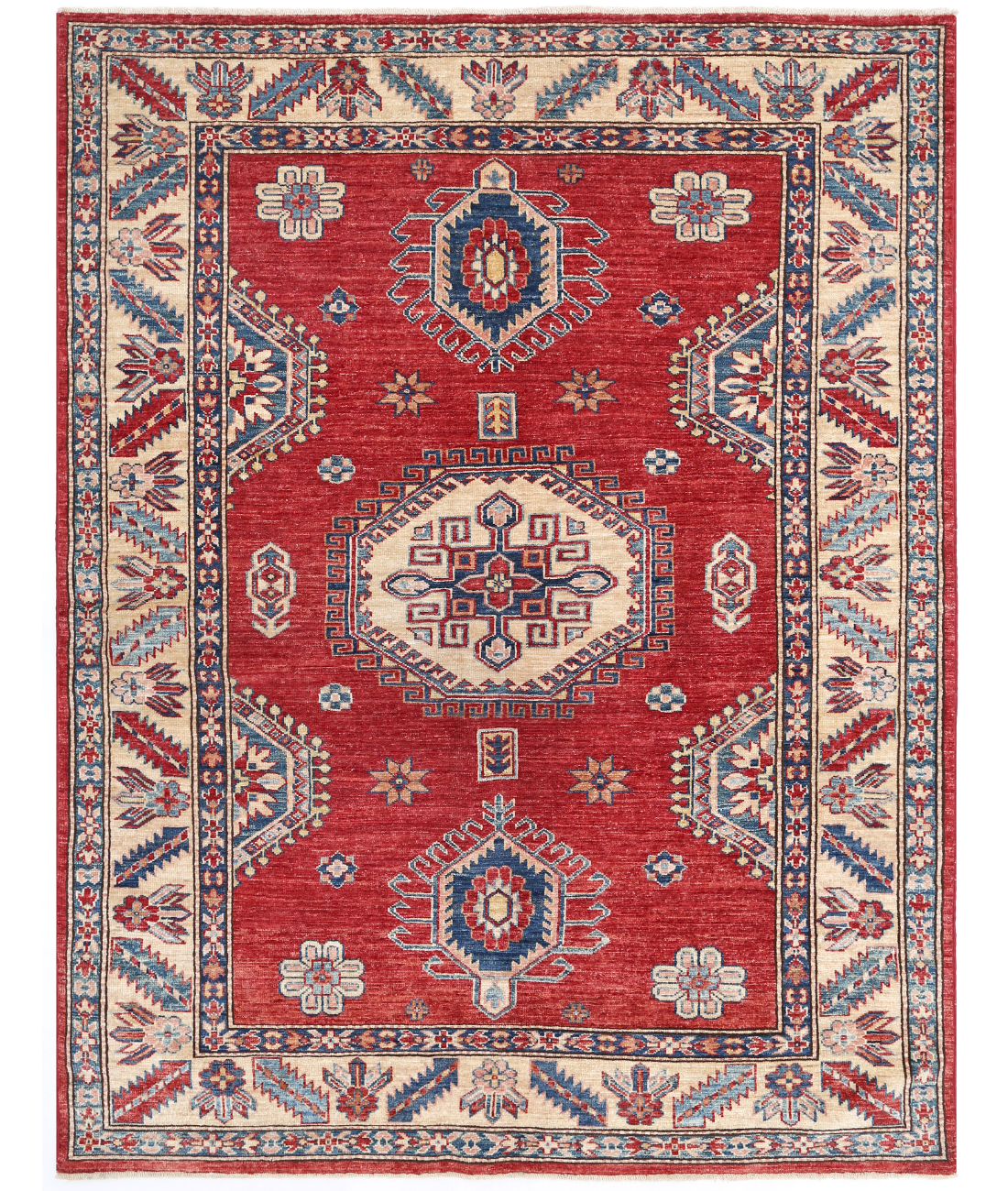 Hand Knotted Kazak Wool Rug  - 4' 11" X 6' 4" 4' 11" X 6' 4" (150 X 193) / Red / Ivory