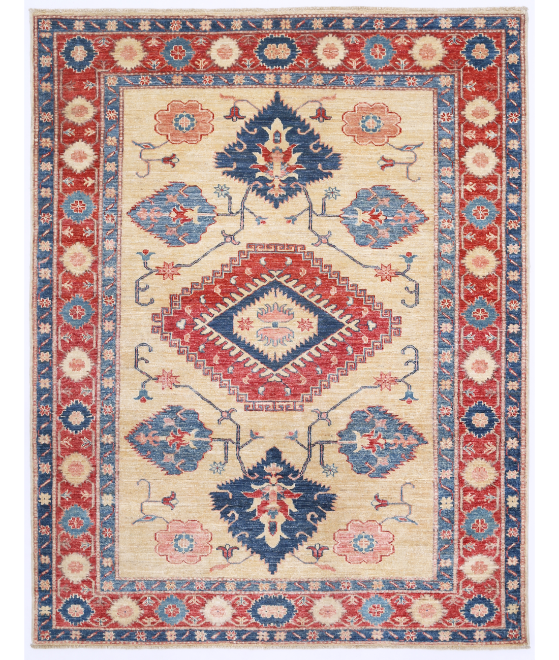 Hand Knotted Kazak Wool Rug  - 4' 11" X 6' 4" 4' 11" X 6' 4" (150 X 193) / Ivory / Red