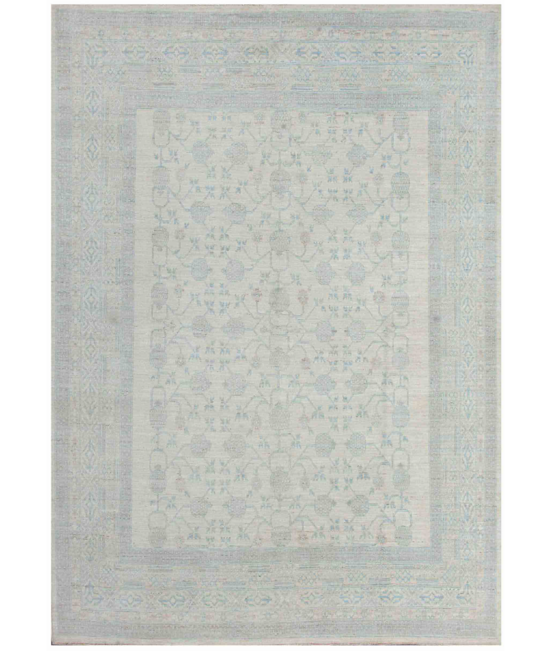 Hand Knotted Khotan Wool Rug  - 8&#39; 0&quot; X 11&#39; 2&quot; 8&#39; 0&quot; X 11&#39; 2&quot; (244 X 340) / Ivory / Blue