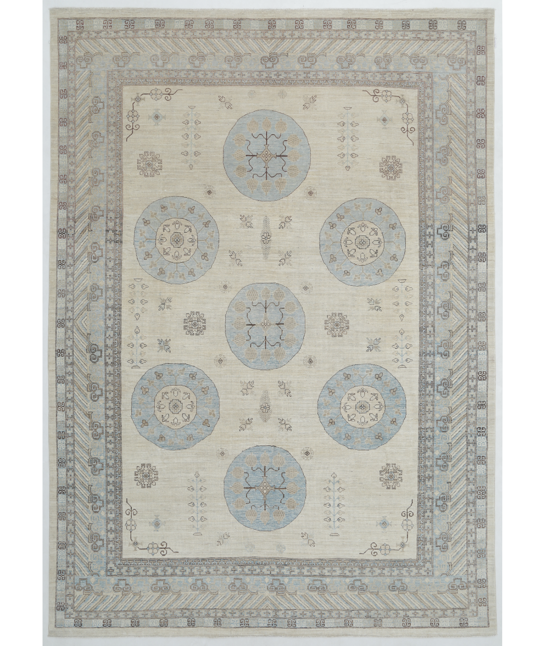 Hand Knotted Khotan Wool Rug  - 9&#39; 10&quot; X 13&#39; 10&quot; 9&#39; 10&quot; X 13&#39; 10&quot; (300 X 422) / Ivory / Blue