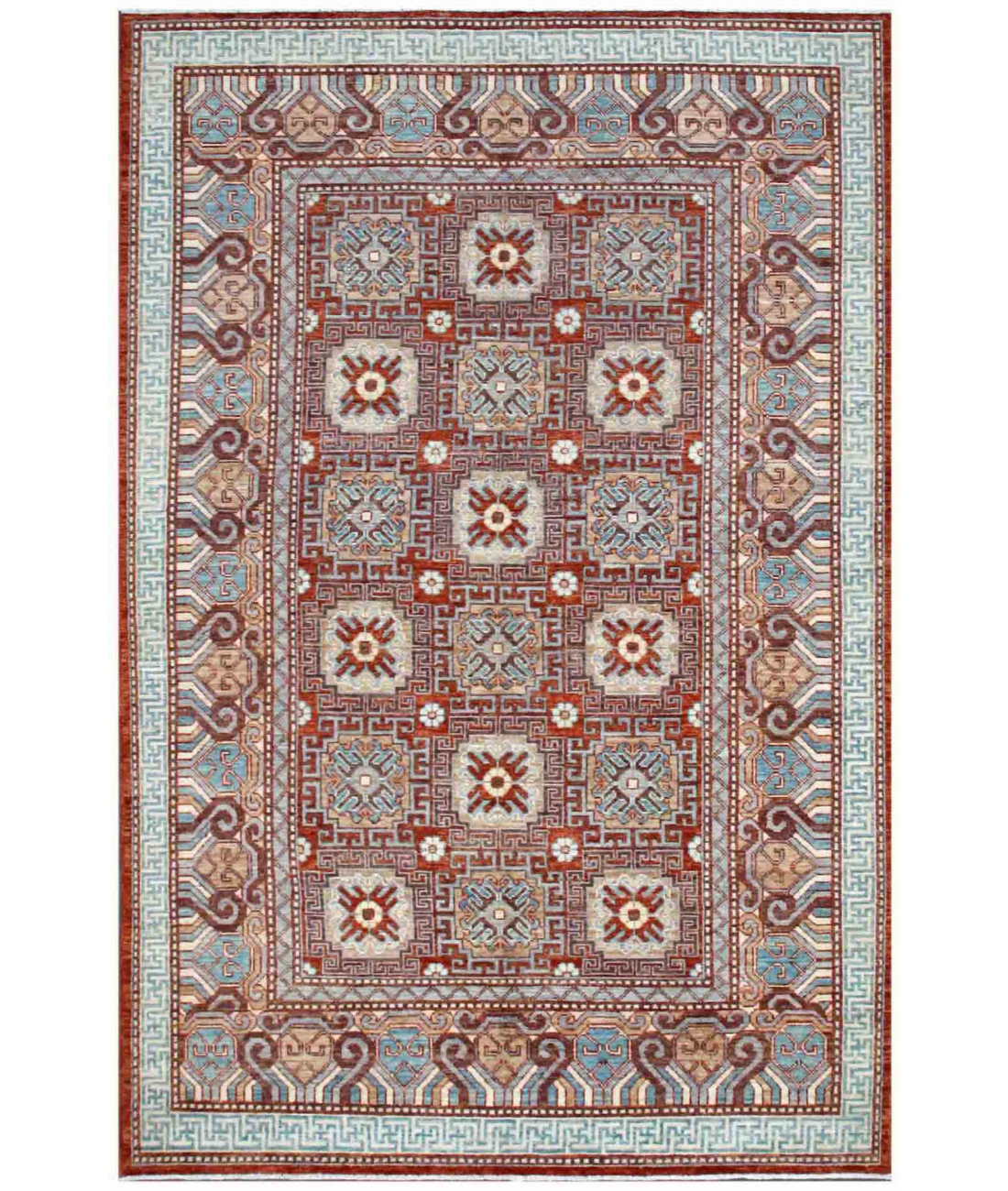 Hand Knotted Khotan Wool Rug  - 6&#39; 0&quot; X 9&#39; 0&quot; 6&#39; 0&quot; X 9&#39; 0&quot; (183 X 274) / Rust / Blue