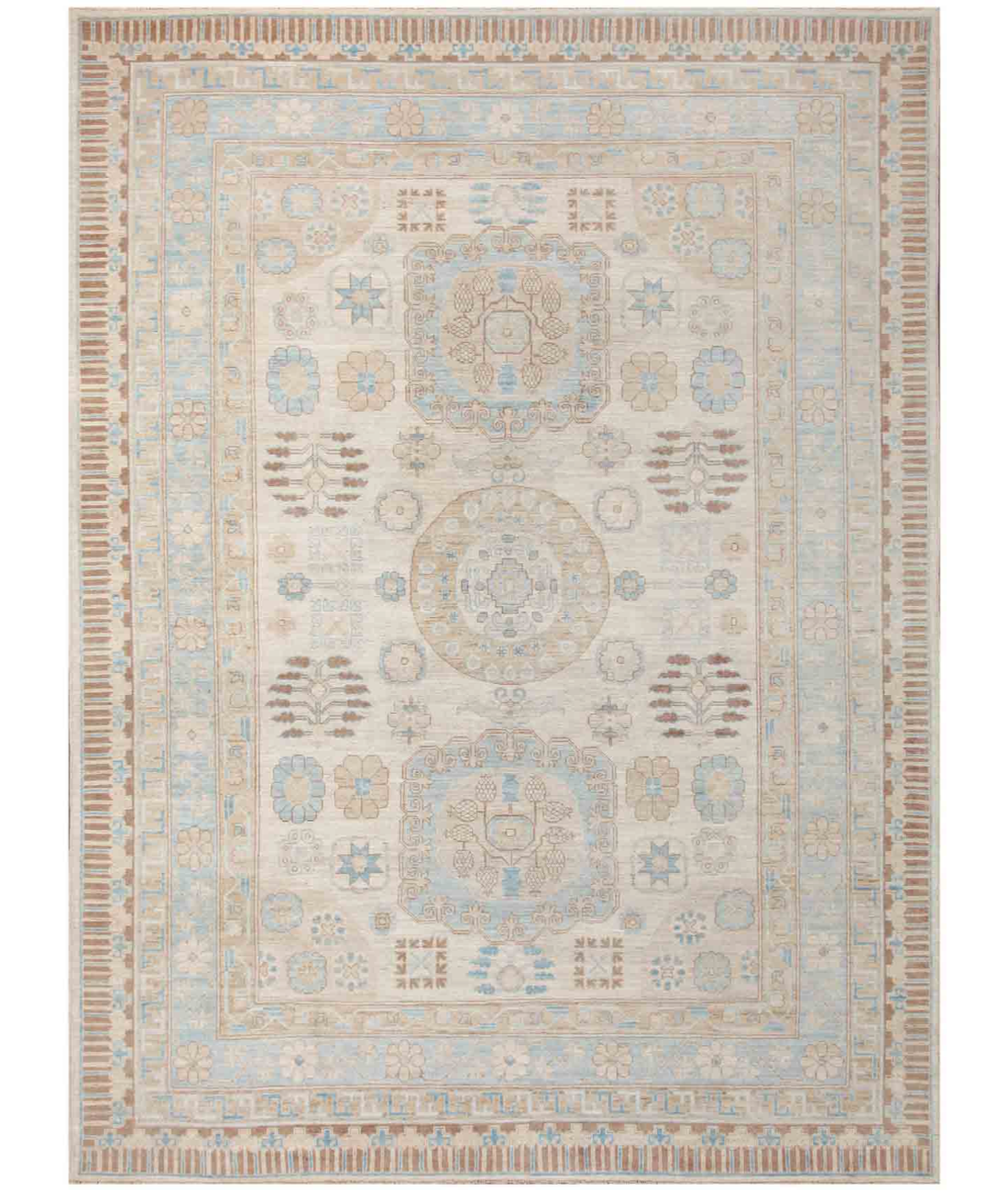 Hand Knotted Khotan Wool Rug  - 10&#39; 1&quot; X 13&#39; 8&quot; 10&#39; 1&quot; X 13&#39; 8&quot; (307 X 417) / Ivory / Blue