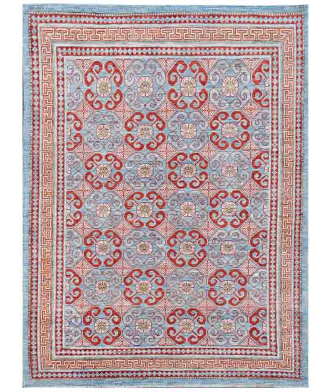 Hand Knotted Khotan Wool Rug  - 5&#39; 0&quot; X 6&#39; 9&quot; 5&#39; 0&quot; X 6&#39; 9&quot; (152 X 206) / Blue / Rust