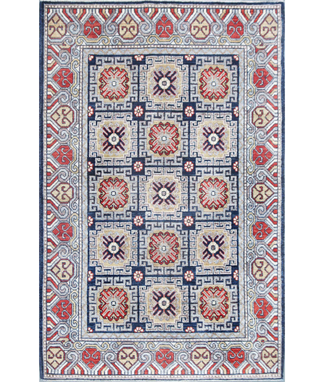 Hand Knotted Khotan Wool Rug  - 4' 11" X 7' 2" 4' 11" X 7' 2" (150 X 218) / Blue / Ivory