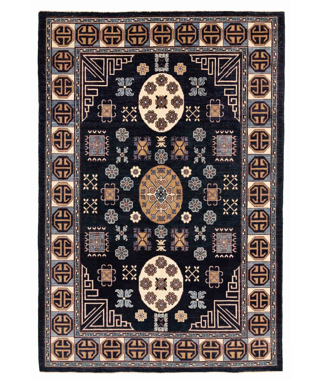 Hand Knotted Khotan Wool Rug  - 5' 11" X 8' 9" 5' 11" X 8' 9" (180 X 267) / Blue / Ivory