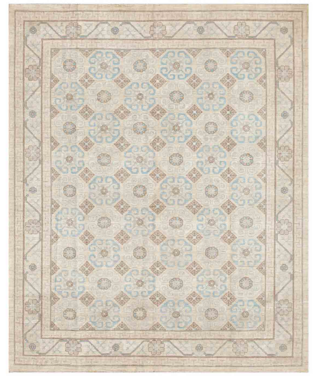 Hand Knotted Khotan Wool Rug  - 8&#39; 0&quot; X 9&#39; 8&quot; 8&#39; 0&quot; X 9&#39; 8&quot; (244 X 295) / Ivory / Blue