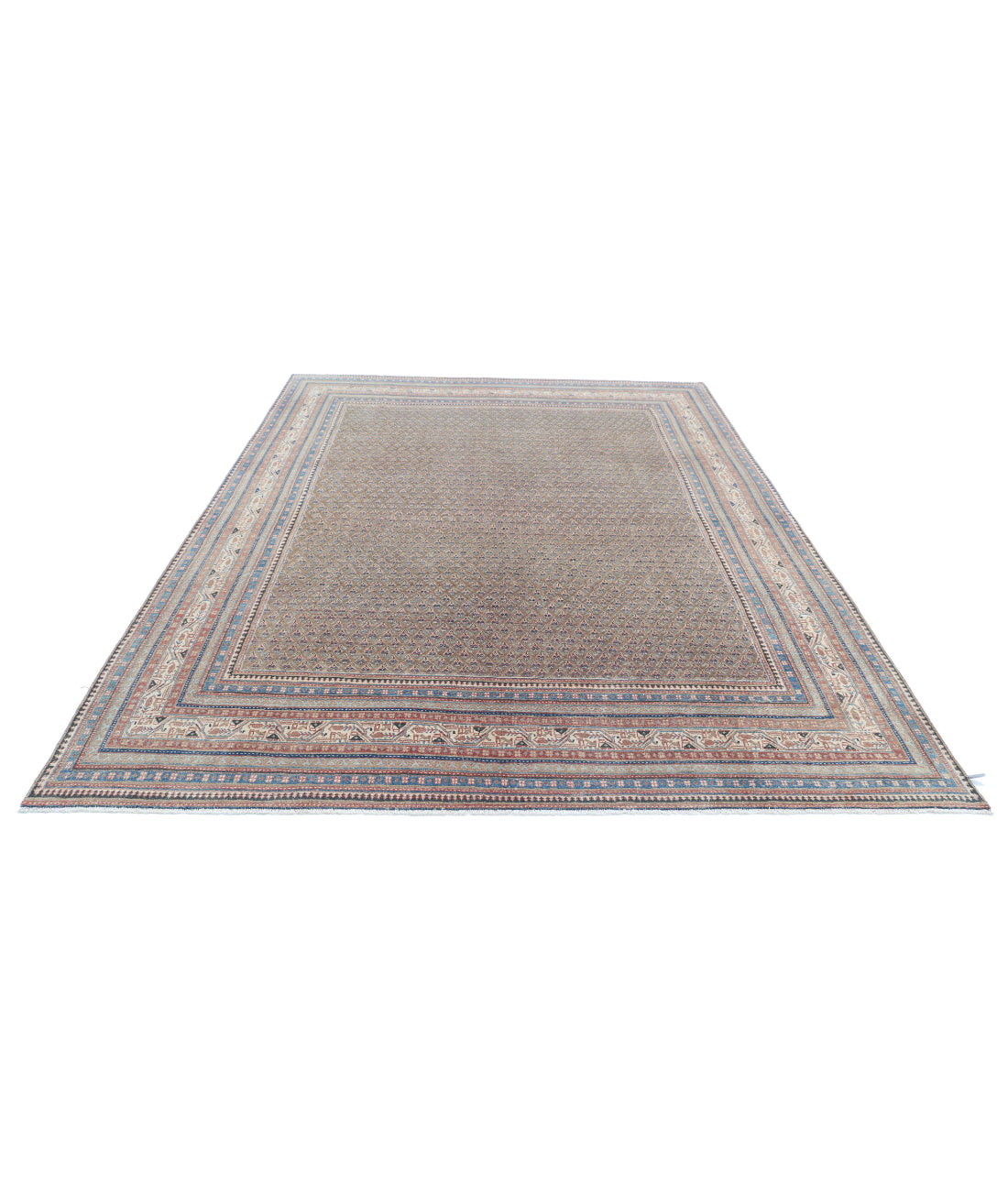 Hand Knotted Vintage Persian Mir Saraband Wool Rug - 7'8'' x 10'4'' 7'8'' x 10'4'' (230 X 310) / Taupe / Blue