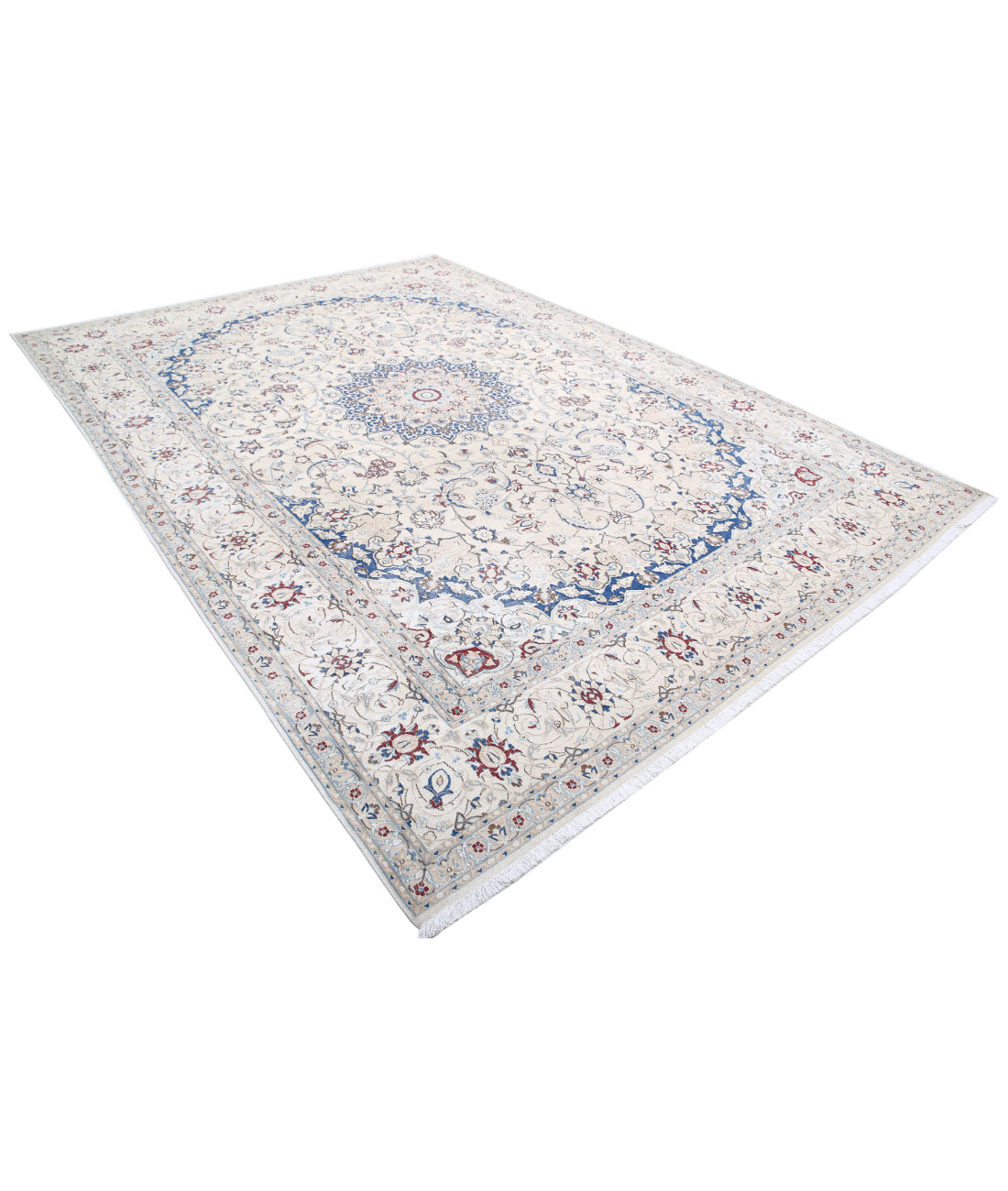 Hand Knotted Vintage Persian Nain Wool Rug - 8'8'' x 11'10'' 8'8'' x 11'10'' (260 X 355) / Ivory / Blue