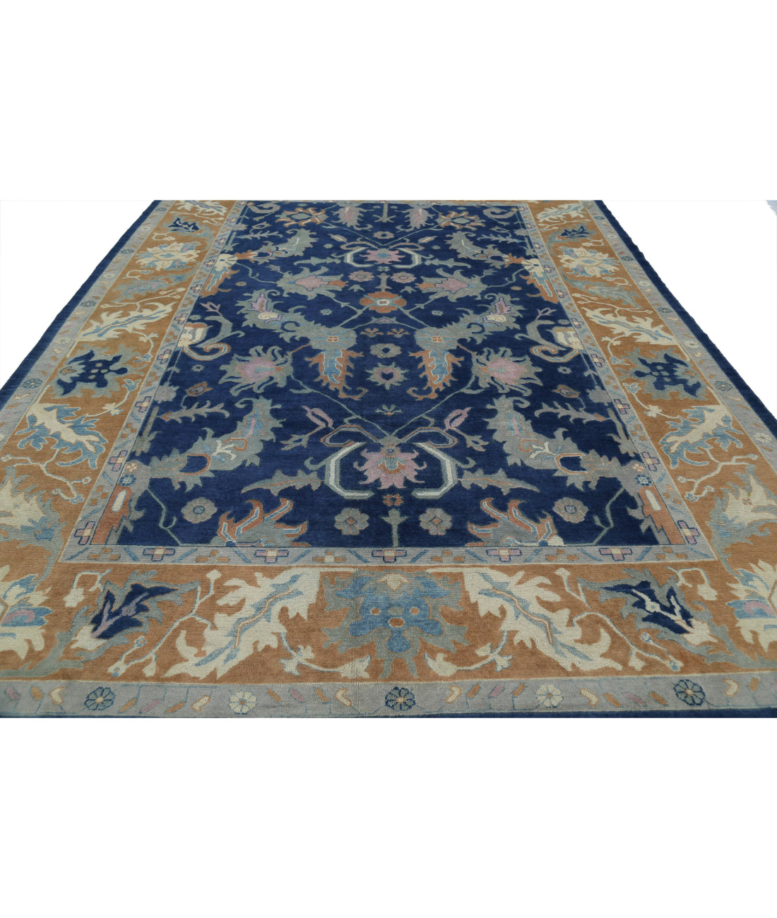 Hand Knotted Oushak Wool Rug - 9'11'' x 13'3'' 9'11'' x 13'3'' (298 X 398) / Blue / Taupe