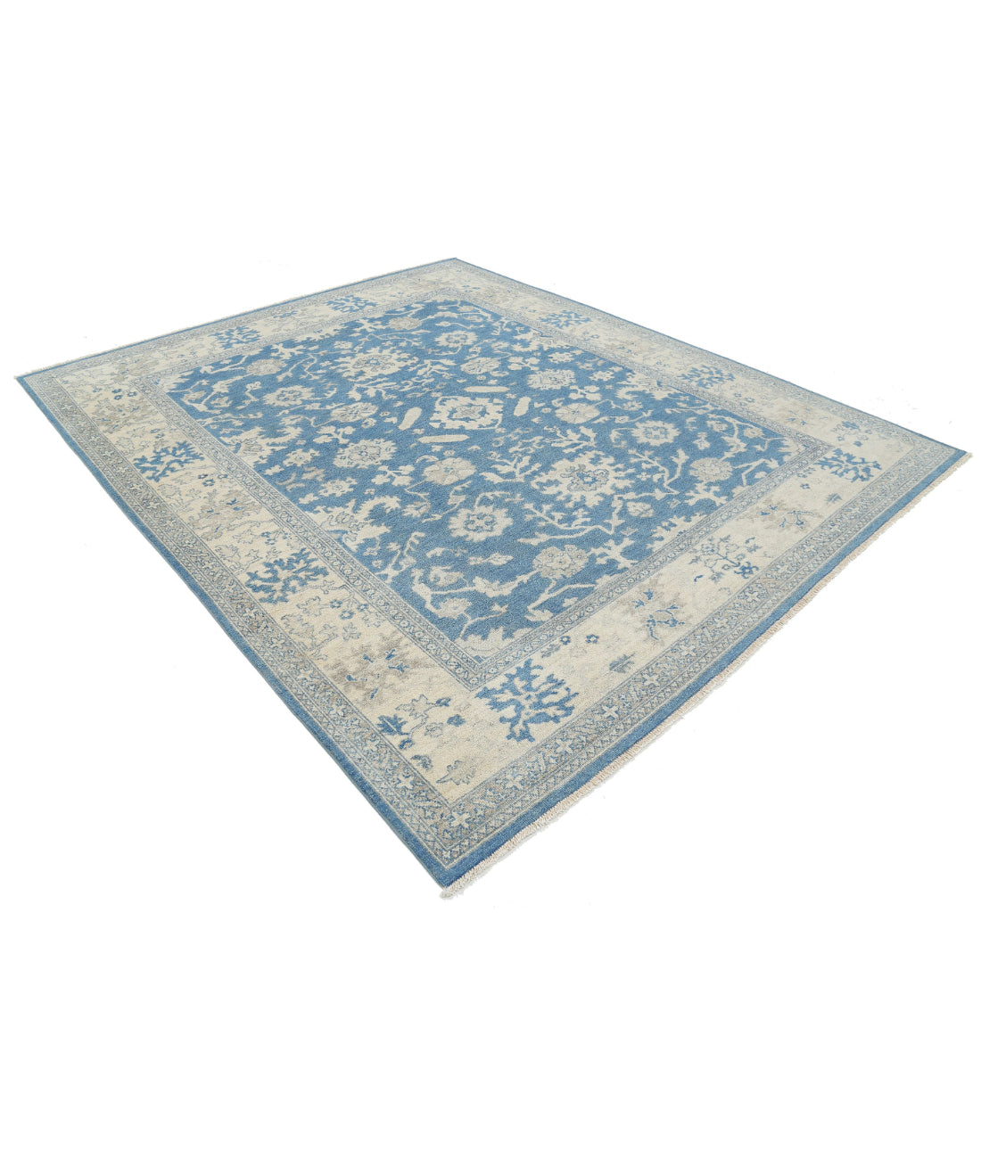 Hand Knotted Oushak Wool Rug - 8'1'' x 9'9'' 8'1'' x 9'9'' (243 X 293) / Blue / Ivory