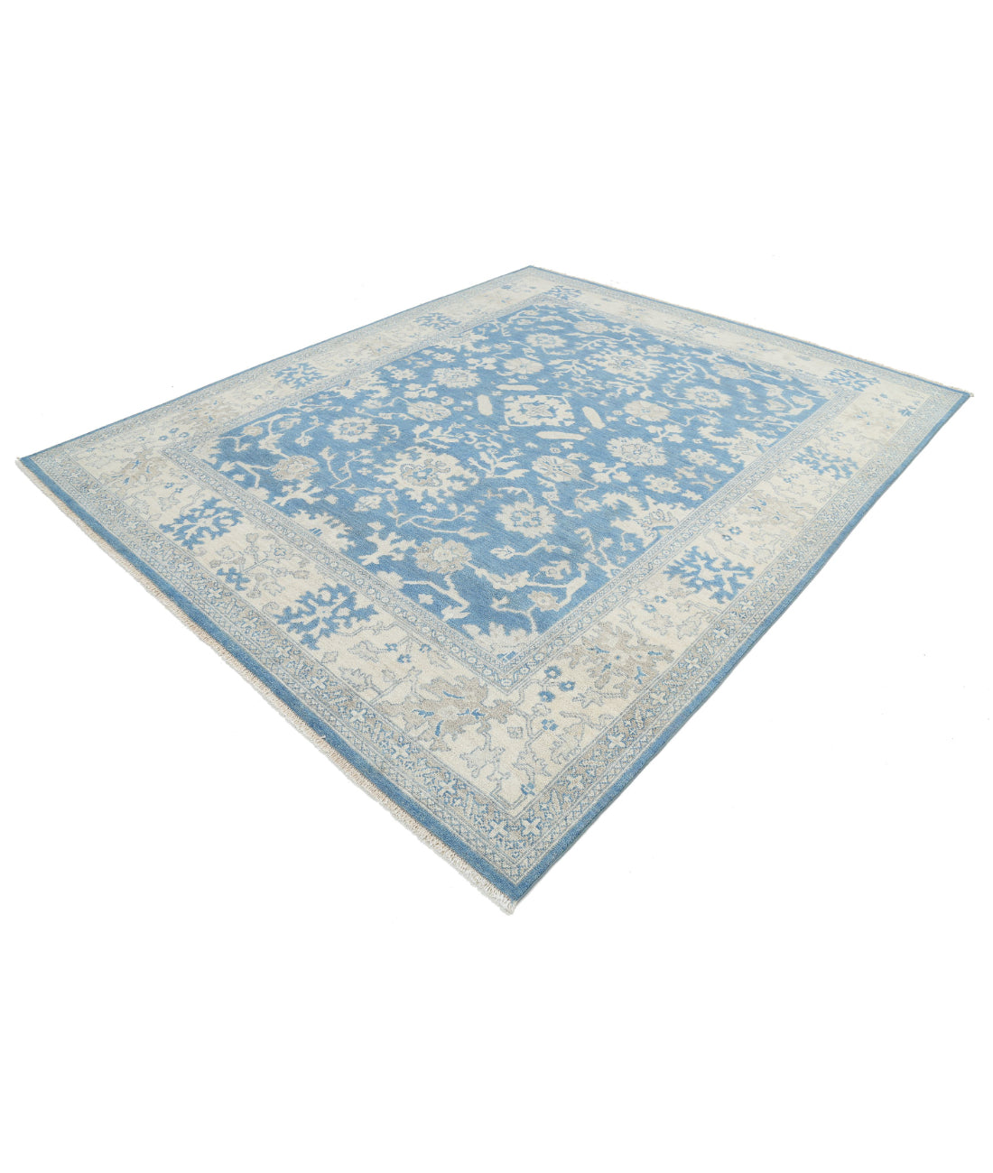 Hand Knotted Oushak Wool Rug - 8'1'' x 9'9'' 8'1'' x 9'9'' (243 X 293) / Blue / Ivory