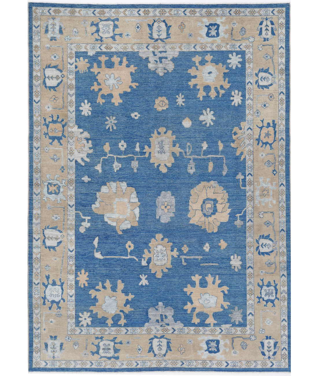 Hand Knotted Oushak Wool Rug - 9'10'' x 13'8'' 9'10'' x 13'8'' (295 X 410) / Blue / Taupe