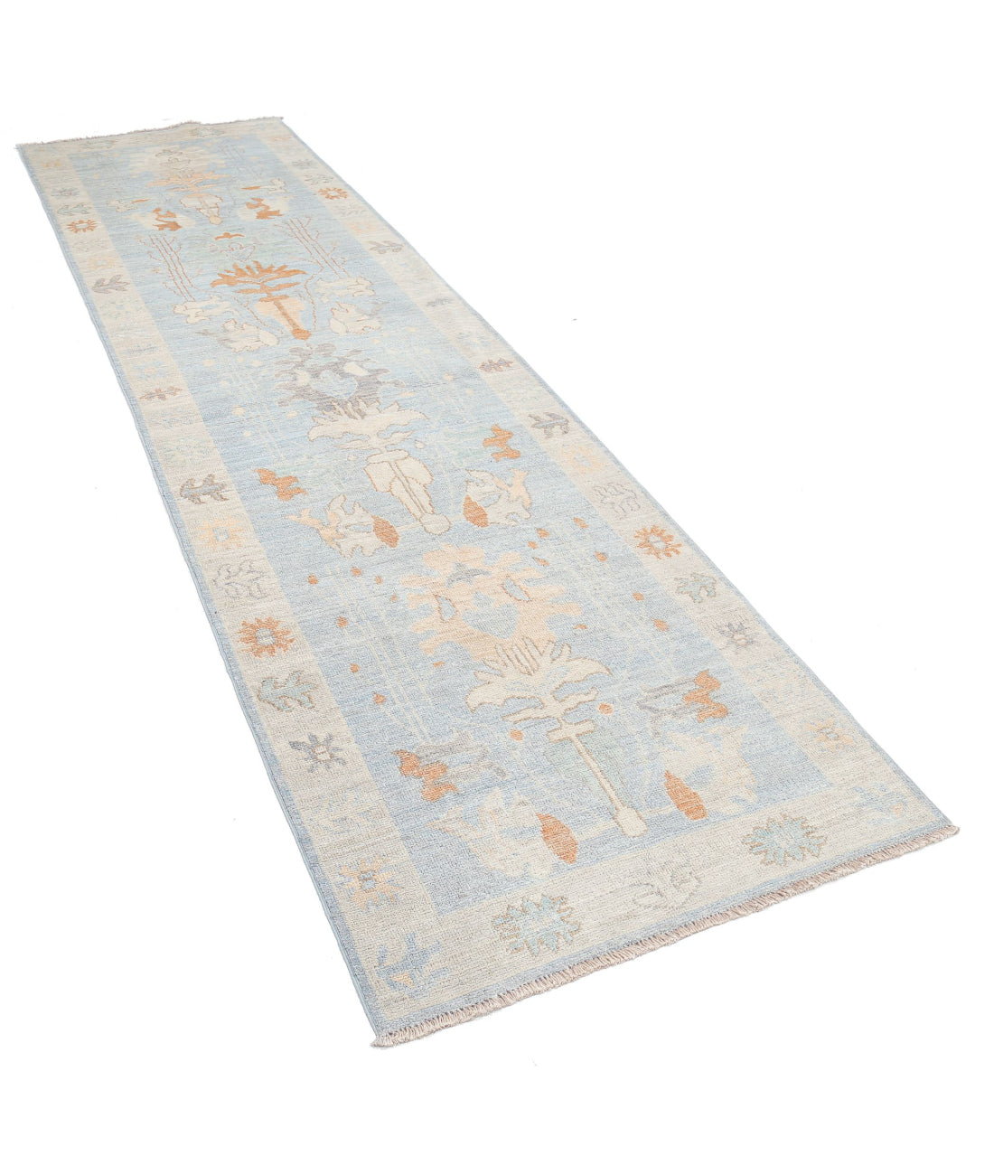 Hand Knotted Oushak Wool Rug - 3'1'' x 11'6'' 3'1'' x 11'6'' (93 X 345) / Blue / Silver