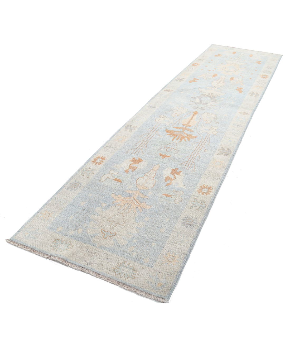 Hand Knotted Oushak Wool Rug - 3'1'' x 11'6'' 3'1'' x 11'6'' (93 X 345) / Blue / Silver