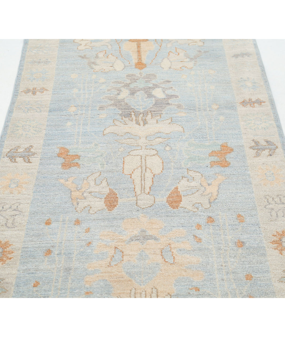 Hand Knotted Oushak Wool Rug - 3'1'' x 11'6'' 3'1'' x 11'6'' (93 X 345) / Blue / Silver