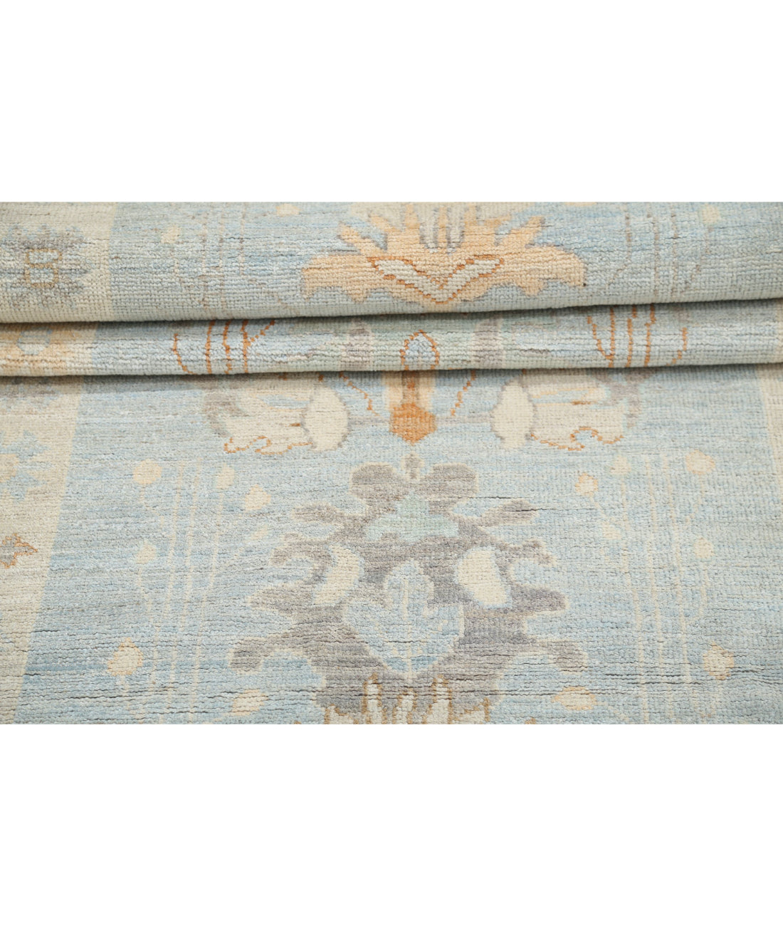 Hand Knotted Oushak Wool Rug - 3'1'' x 11'6'' 3'1'' x 11'6'' (93 X 345) / Blue / Silver