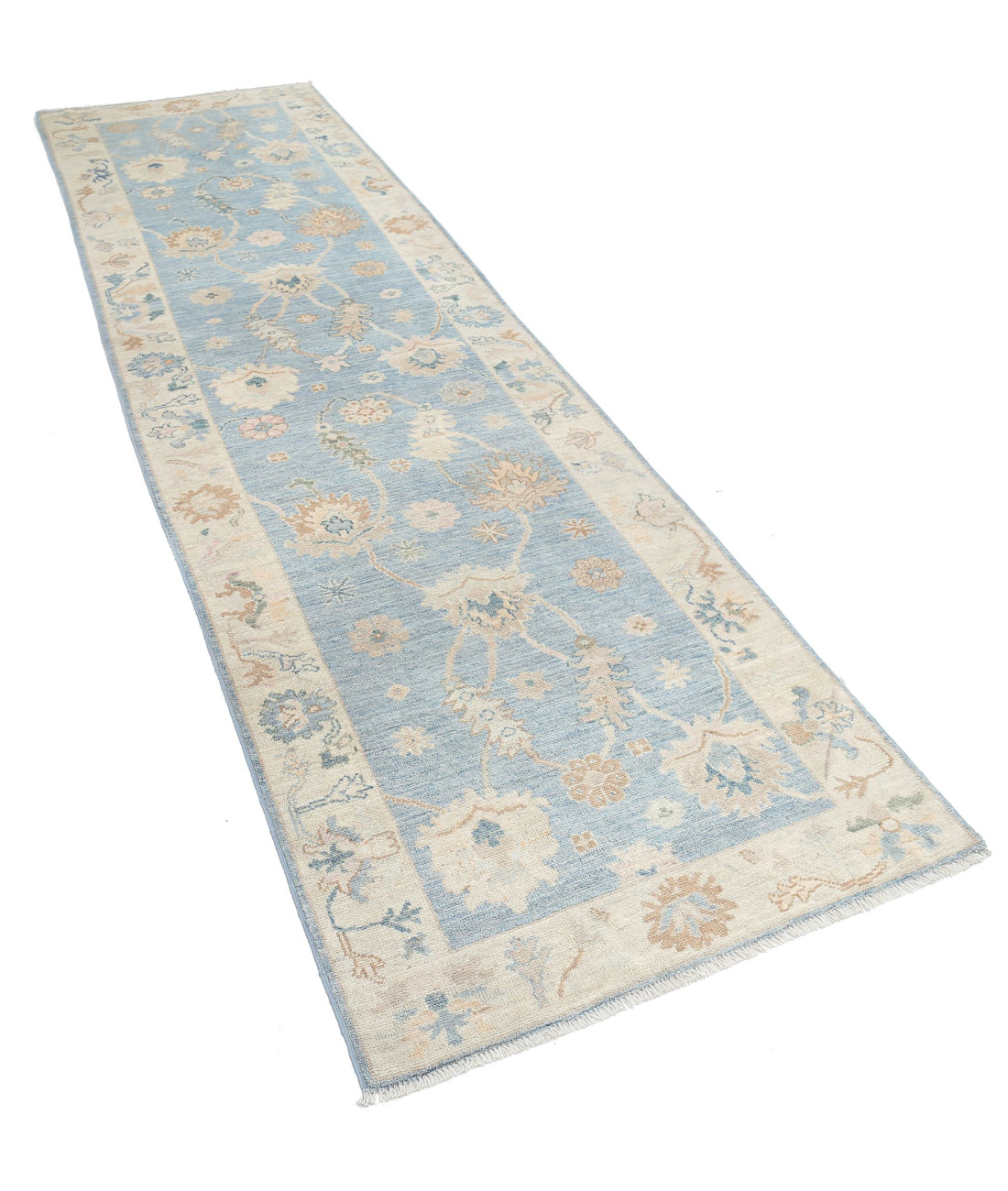 Hand Knotted Oushak Wool Rug - 3'1'' x 11'3'' 3'1'' x 11'3'' (93 X 338) / Blue / Ivory