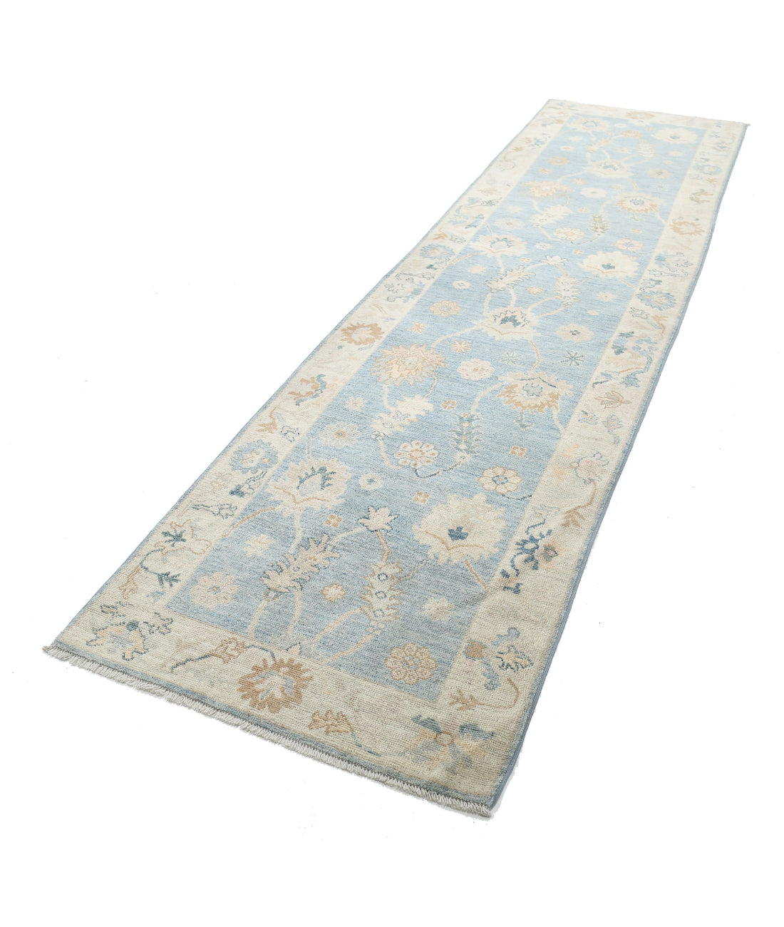 Hand Knotted Oushak Wool Rug - 3'1'' x 11'3'' 3'1'' x 11'3'' (93 X 338) / Blue / Ivory