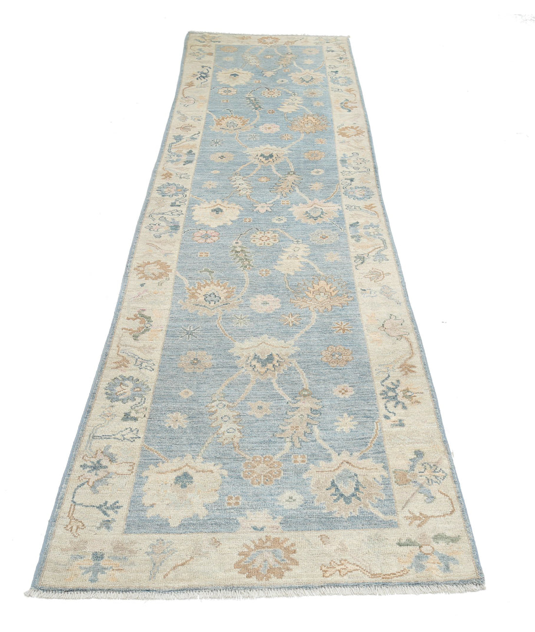 Hand Knotted Oushak Wool Rug - 3'1'' x 11'3'' 3'1'' x 11'3'' (93 X 338) / Blue / Ivory