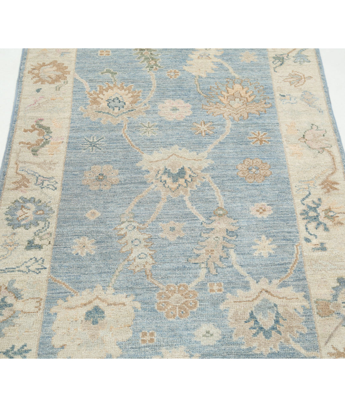 Hand Knotted Oushak Wool Rug - 3'1'' x 11'3'' 3'1'' x 11'3'' (93 X 338) / Blue / Ivory