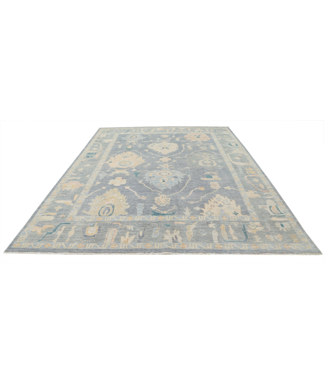 Hand Knotted Oushak Wool Rug - 8'11'' x 11'7'' 8'11'' x 11'7'' (268 X 348) / Blue / Grey