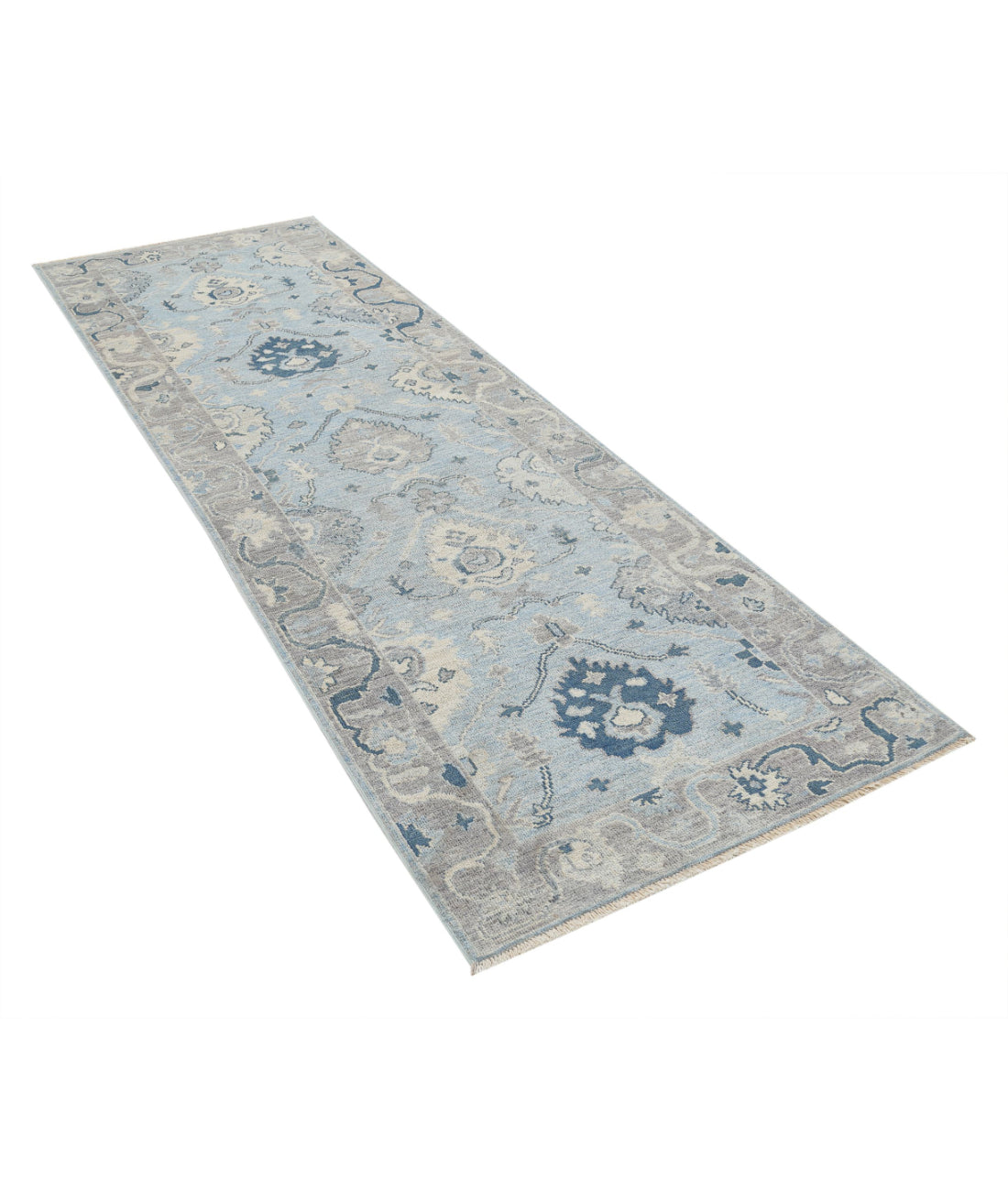 Hand Knotted Oushak Wool Rug - 3'2'' x 9'7'' 3'2'' x 9'7'' (95 X 288) / Blue / Taupe