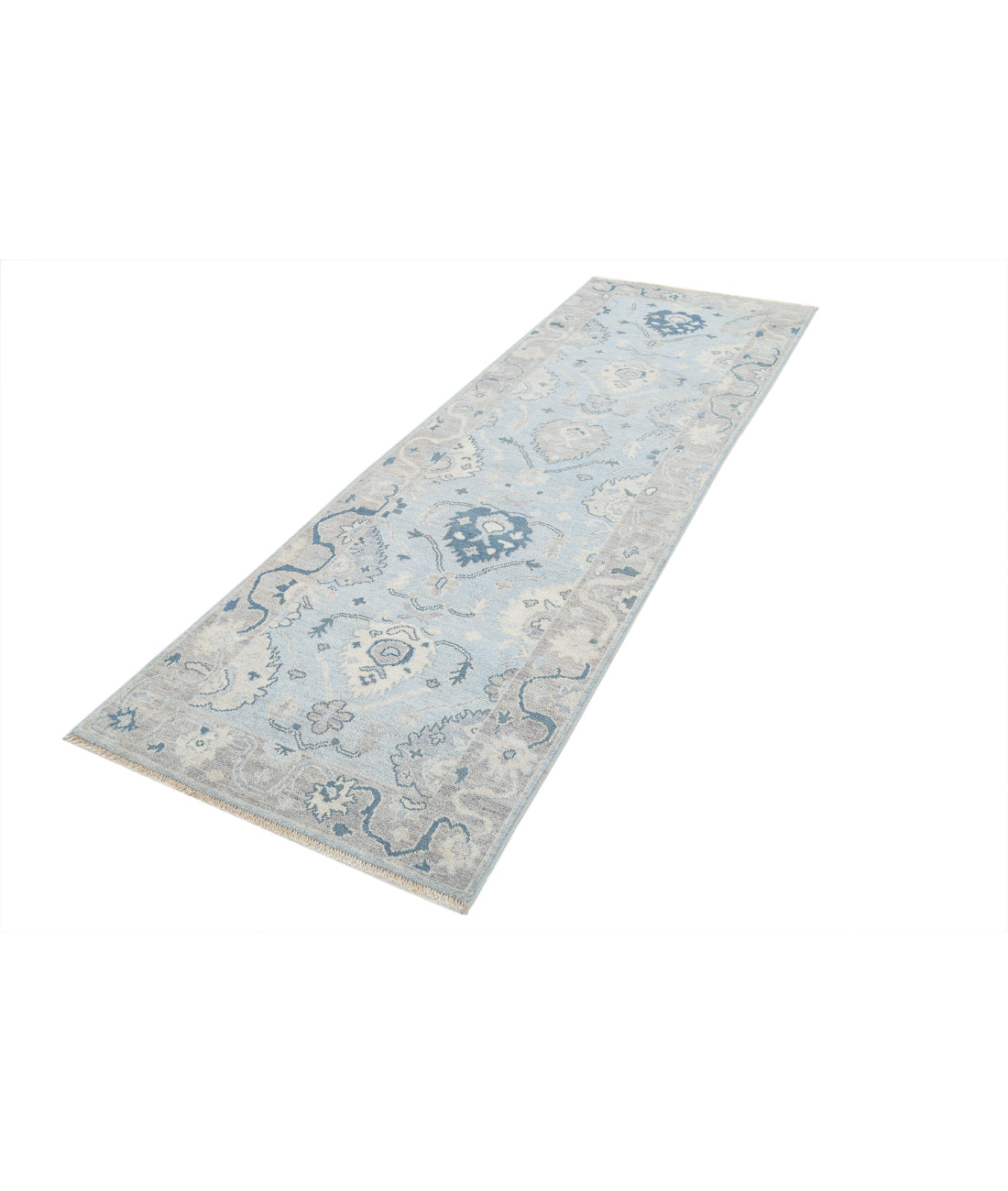 Hand Knotted Oushak Wool Rug - 3'2'' x 9'7'' 3'2'' x 9'7'' (95 X 288) / Blue / Taupe