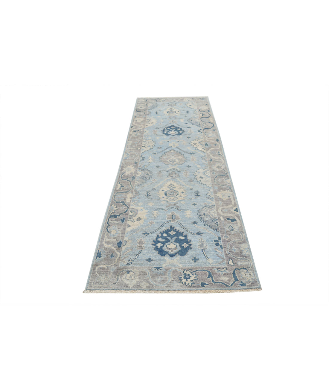 Hand Knotted Oushak Wool Rug - 3'2'' x 9'7'' 3'2'' x 9'7'' (95 X 288) / Blue / Taupe