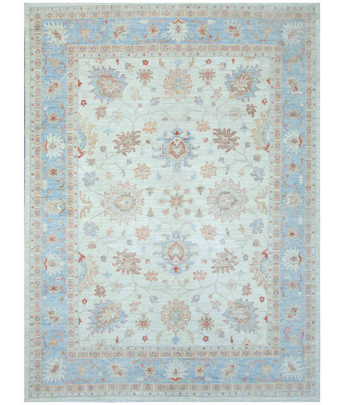 Hand Knotted Oushak Wool Rug  - 9&#39; 9&quot; X 13&#39; 3&quot; 9&#39; 9&quot; X 13&#39; 3&quot; (297 X 404) / Ivory / Blue