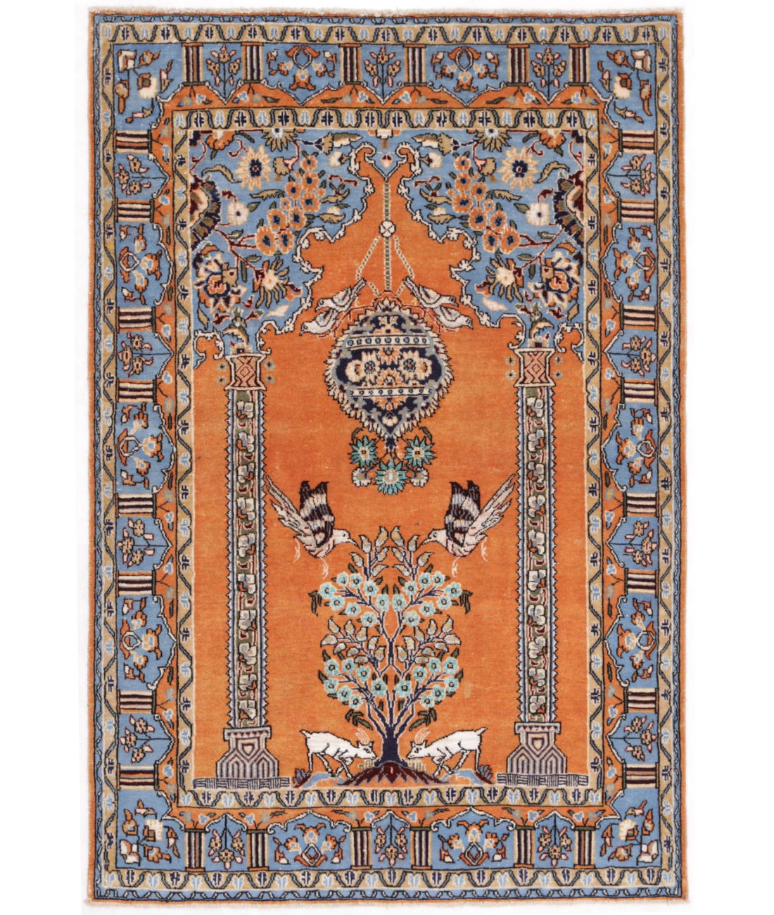 Hand Knotted Qum Wool & Silk Rug  - 3' 4" X 4' 10" 3' 4" X 4' 10" (102 X 147) / Orange / Blue