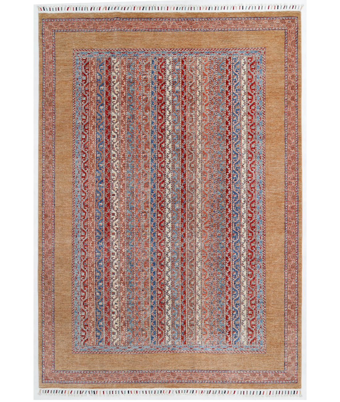 Hand Knotted Shaal Wool Rug  - 6&#39; 8&quot; X 9&#39; 6&quot; 6&#39; 8&quot; X 9&#39; 6&quot; (203 X 290) / Taupe / Blue