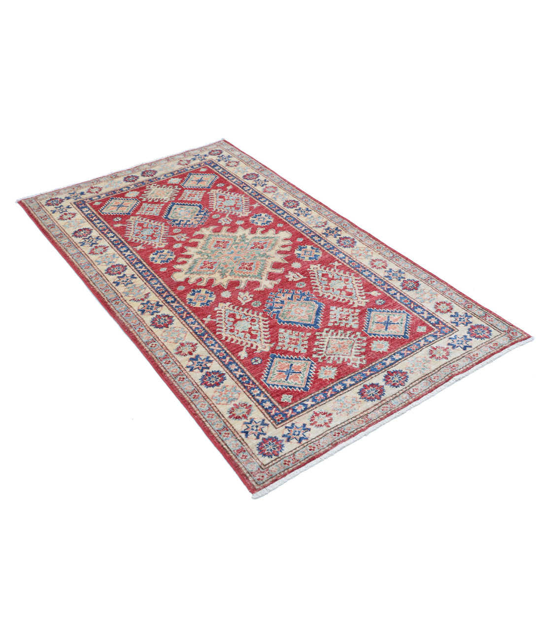 Hand Knotted Royal Kazak Wool Rug - 3'3'' x 5'6'' 3'3'' x 5'6'' (98 X 165) / Red / Ivory