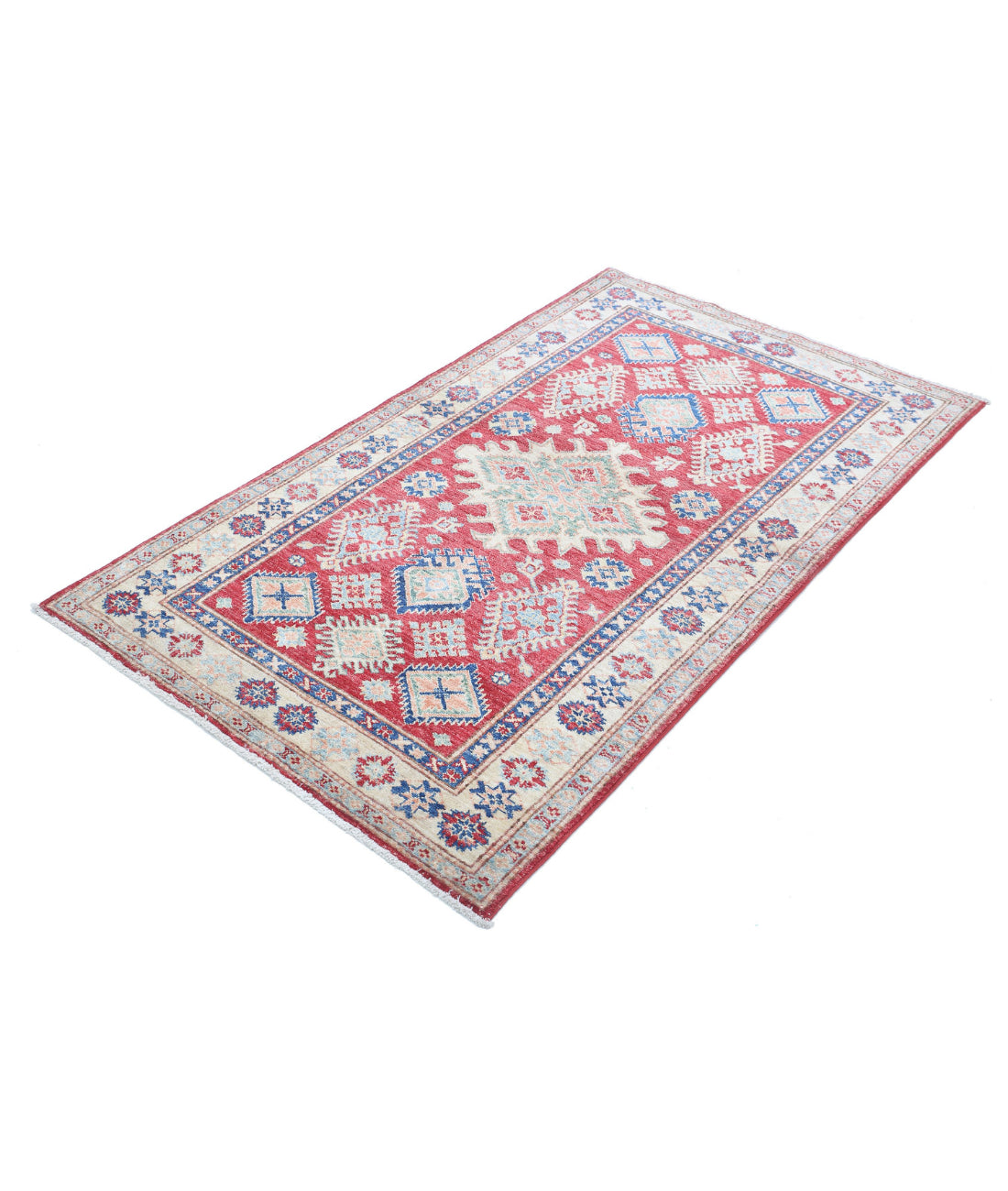 Hand Knotted Royal Kazak Wool Rug - 3'3'' x 5'6'' 3'3'' x 5'6'' (98 X 165) / Red / Ivory